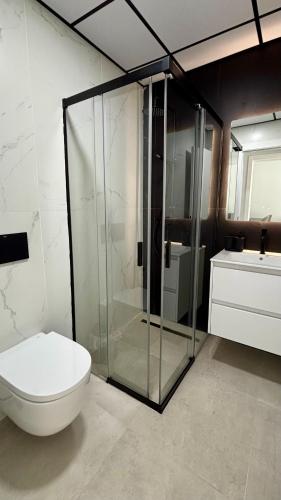 a bathroom with a glass shower and a toilet at Atrio Homes Sansueña in Córdoba