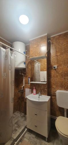 a bathroom with a sink and a toilet and a shower at Apartament City Center Dorna in Vatra Dornei