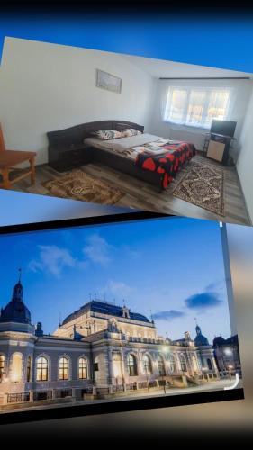 two pictures of a building with a bed in front of it at Apartament City Center Dorna in Vatra Dornei