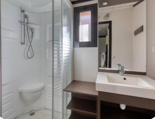 a bathroom with a sink and a toilet and a shower at Chalet a louer avec piscine in Solliès-Toucas