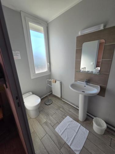 a bathroom with a sink and a toilet and a mirror at Le Bel Air - Decize in Decize