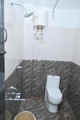a bathroom with a toilet and a shower at Le Lagrave Inn in Pondicherry