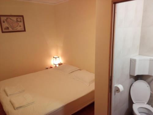 a small bedroom with a bed and a toilet at Belegania Villa in Oarja
