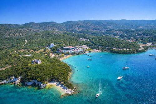 an aerial view of a beach with boats in the water at Esperides Studios-Seaside Stay with View in Syvota in Syvota