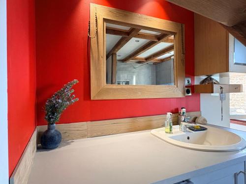 a bathroom with a sink and a mirror at Maison dans le Beaujolais vert in Thizy-les-Bourgs