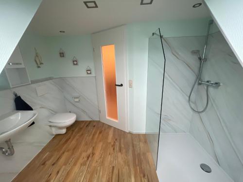 a bathroom with a shower and a toilet and a sink at Heinrich Heine in Tangermünde