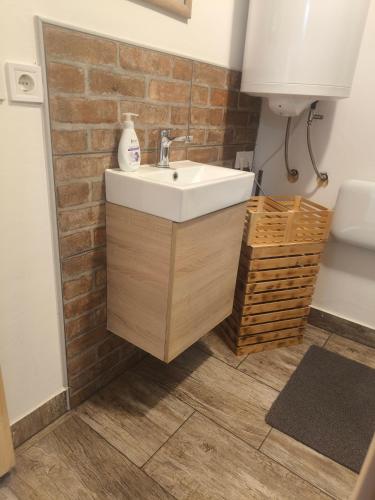 a bathroom with a sink and a brick wall at U KONC in Stahovica