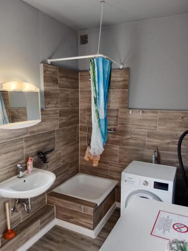 a bathroom with a sink and a washing machine at Flensburg City 6 1 in Flensburg