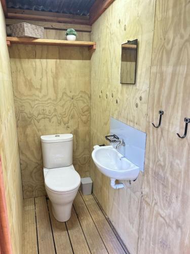 a bathroom with a toilet and a sink at Secluded Redwood Cabin in Ashley Clinton