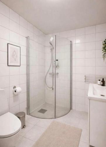 a bathroom with a shower and a toilet and a sink at Apartment 3 Sea Centrum Stavanger in Stavanger