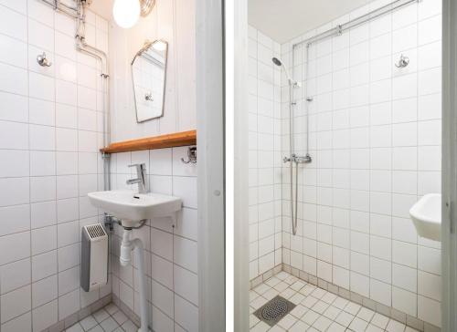 a bathroom with a sink and a shower at Charming Farmhouse in Gammelbo