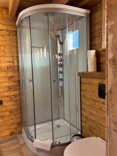 a glass shower in a bathroom with a toilet at Green Village House in Ganna
