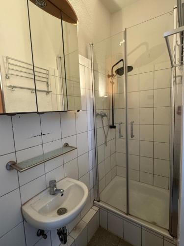 a bathroom with a sink and a shower at Platin Appartement in Wuppertal