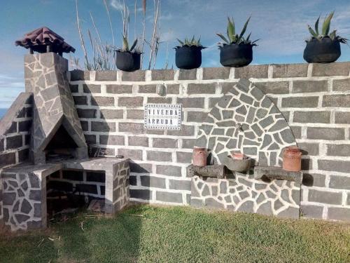 a brick wall with a fireplace and potted plants at Country House in Azores - S. Miguel in Ribeira Grande
