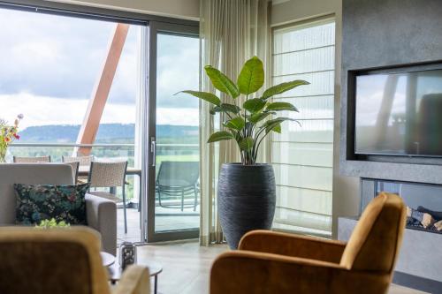 a living room with a plant in a vase at Weitblick Winterberg in Winterberg