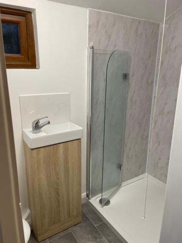 a bathroom with a sink and a shower at The Orchard Cabin in Cardington