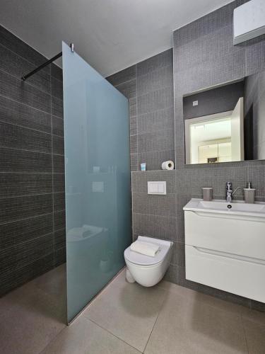 a bathroom with a toilet and a sink and a mirror at Korcula Holiday in Korčula