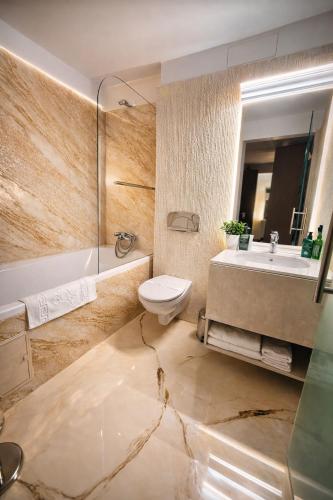 a bathroom with a toilet and a sink and a tub at Hotel Paradis in Cluj-Napoca