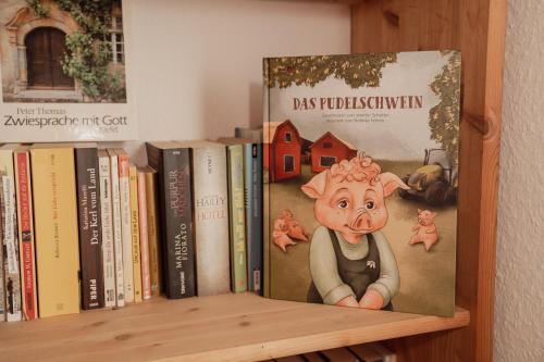 a book shelf with books and a pig on it at Brockmann, Ferienidylle in Neuenkirchen