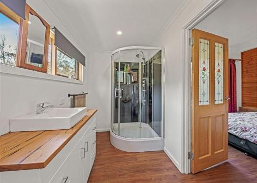 a bathroom with a sink and a shower and a bed at Stonehaven in Freeburgh