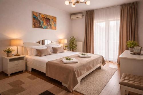 a bedroom with a large bed and a large window at Pensiunea Kenza in Târgu-Mureş