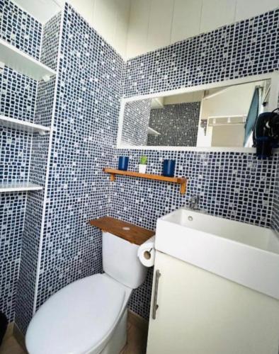 a bathroom with a white toilet and a sink at apartamento el camarote in Fasnia