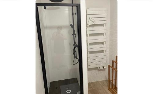 a shower with a glass door in a bathroom at Villa Osher in Saint-Raphaël