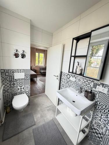 a bathroom with a toilet and a sink at K10 Living in Karlsruhe