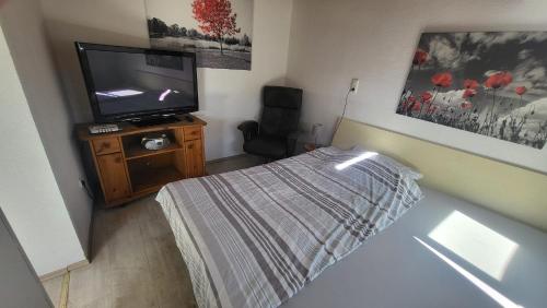 a small bedroom with a bed and a flat screen tv at Studio Apartment in Alsdorf