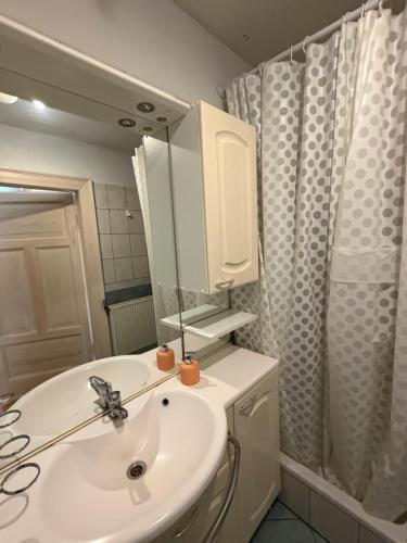 a white bathroom with a sink and a mirror at Pałacyk Trzcińsko in Trzcińsko