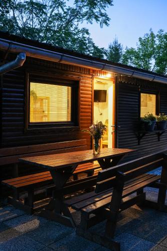 a wooden cabin with a picnic table and a bench at Hiška Darwin in Podčetrtek