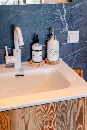 two bottles ofodorizers sit on a bathroom sink at Kemphaontje is a Magic Tiny House with a view in Anloo