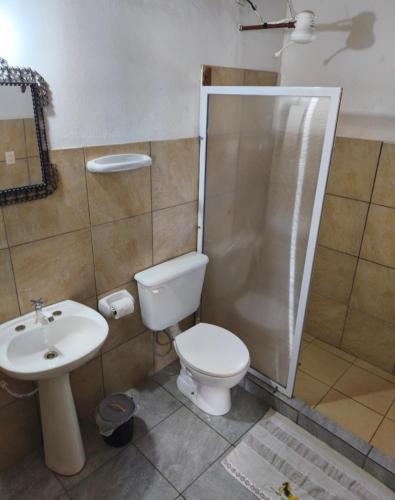 a bathroom with a toilet and a sink and a shower at Silvia Apart Confort in Puerto Iguazú