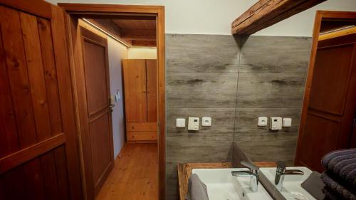 a bathroom with a sink and a mirror at Penzion Mlýn Sedlec in Sedlec