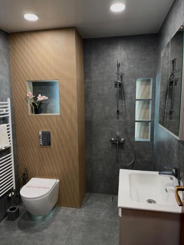 a bathroom with a shower and a toilet and a sink at Apartment VEDA 2 in Veliko Tŭrnovo