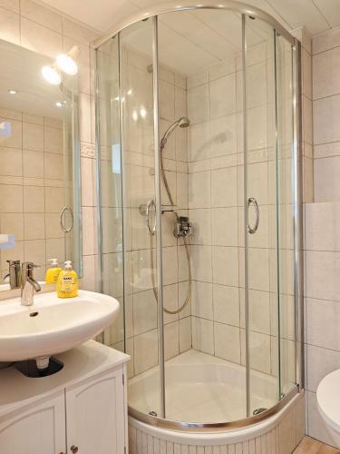 a bathroom with a shower and a sink at Strand Sand Sylt in Westerland