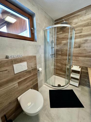 a bathroom with a toilet and a glass shower at Pod Lovčí skálou in Modrava