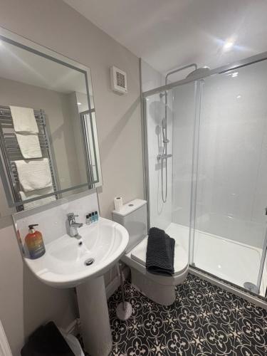 a bathroom with a sink and a shower and a toilet at The Anchor Inn in Sutton Bridge