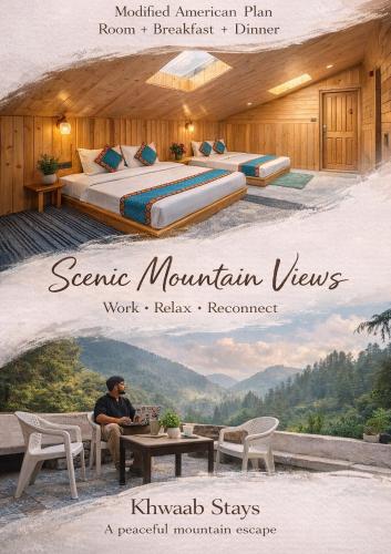 a poster for a mountain view room with a bed at Khwaab Stays in Shoja