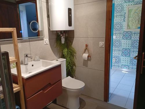 a bathroom with a toilet and a sink at Zimmer mit Frühstück in Challes-les-Eaux