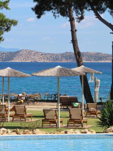 a group of chairs and umbrellas next to a swimming pool at Aroma Beach Bungalows in Limenas