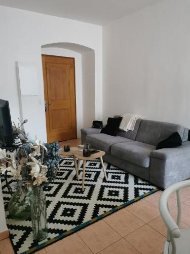 a living room with a couch and a table at Appartement T2 centre-ville in Corte