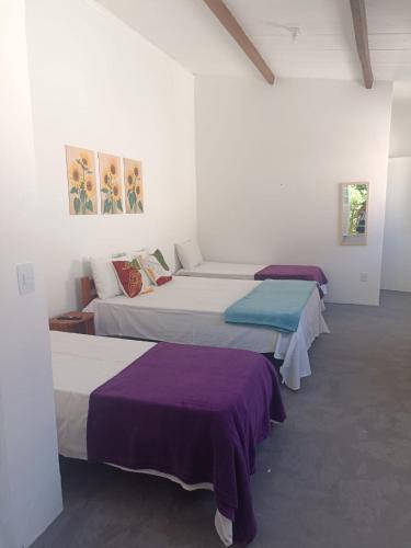 three beds in a room with white walls and purple sheets at Pousada Vila Mundi Itaúnas in Itaúnas