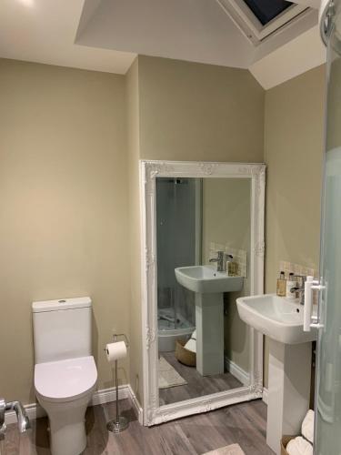a bathroom with a toilet and two sinks and a mirror at 86 Galgorm in Ballymena