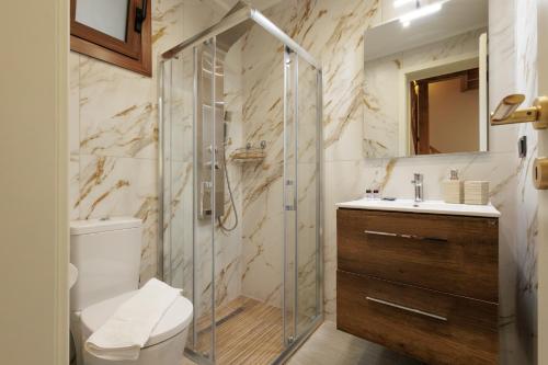 a bathroom with a shower and a toilet and a sink at Hidden Petra Luxury Suites 2 in Ialysos