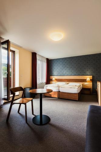a hotel room with a bed and a table at Hotel Toč in Lipova Lazne