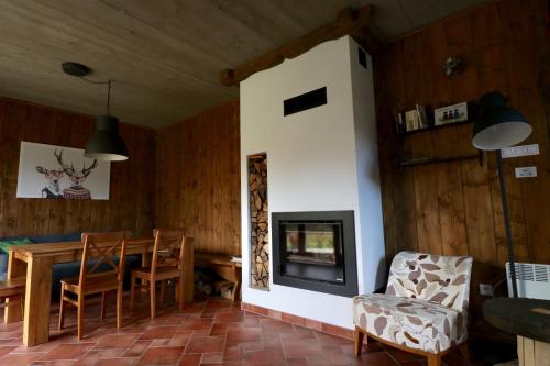 a living room with a fireplace and a table and chairs at Willa Potoczówka in Rzyki