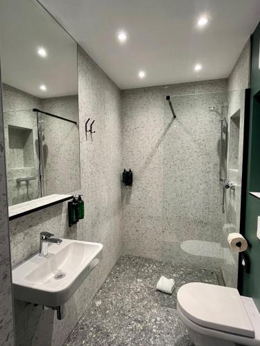 a bathroom with a sink and a toilet and a shower at Green Nights Hotel in Dettelbach