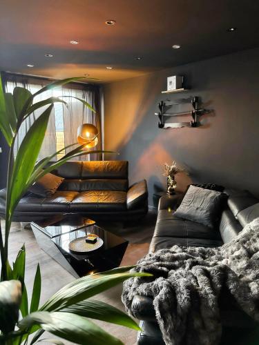a living room with a leather couch and a table at WW Luxury Cottage in Müschenbach