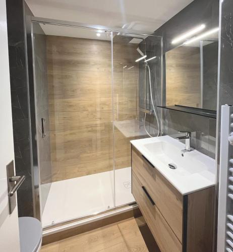 a bathroom with a shower and a white sink at BLEUE OCEANE - Studio, Piscine commune - U65 in Carnac